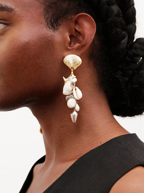 two tone mismatched shells long drop earrings