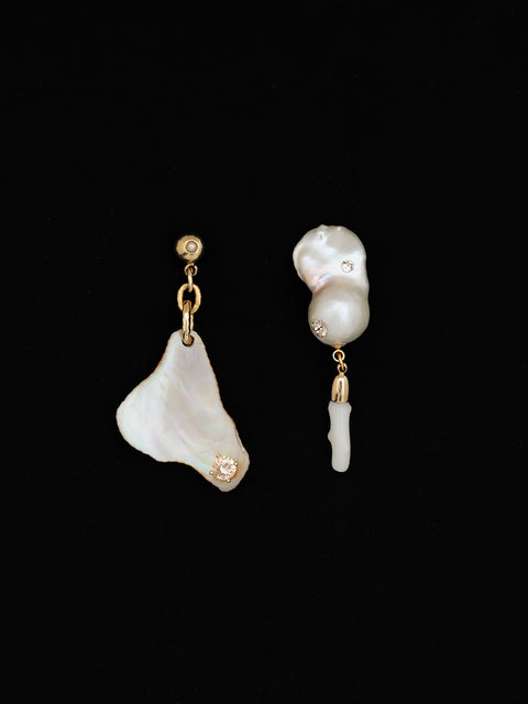 mismatched seashell and baroque pearl drop earrings