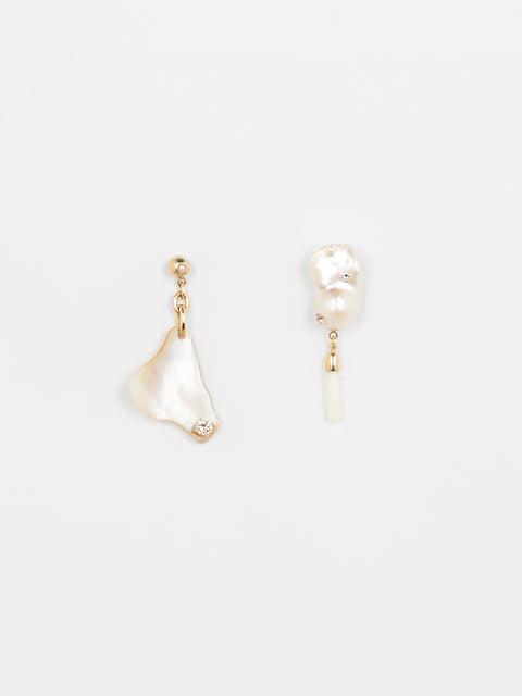 mismatched seashell and baroque pearl drop earrings
