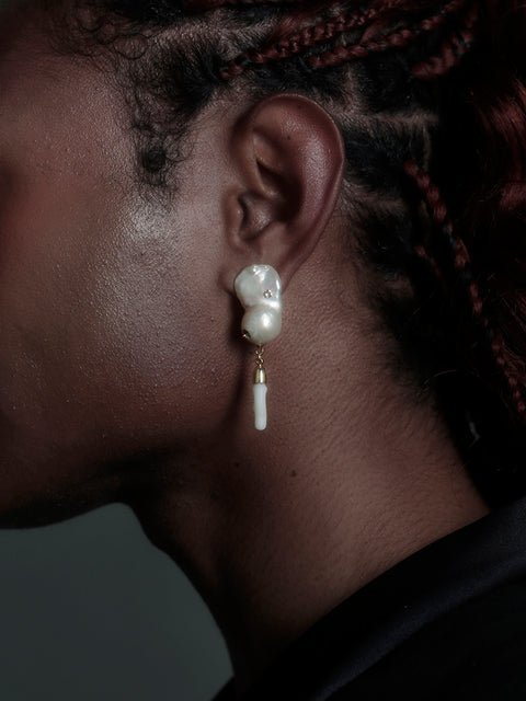mismatched seashell and baroque pearl drop earrings