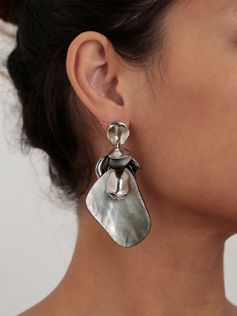 clustered petals black mother of pearl shell drop earrings