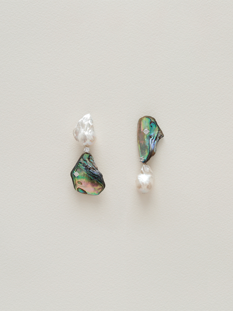 mismatched irregular paua shell and baroque pearl drop earrings