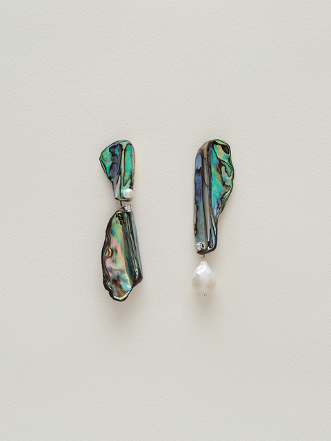 mismatched elongated paua shell and baroque pearl drop earrings