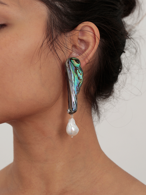 mismatched elongated paua shell and baroque pearl drop earrings