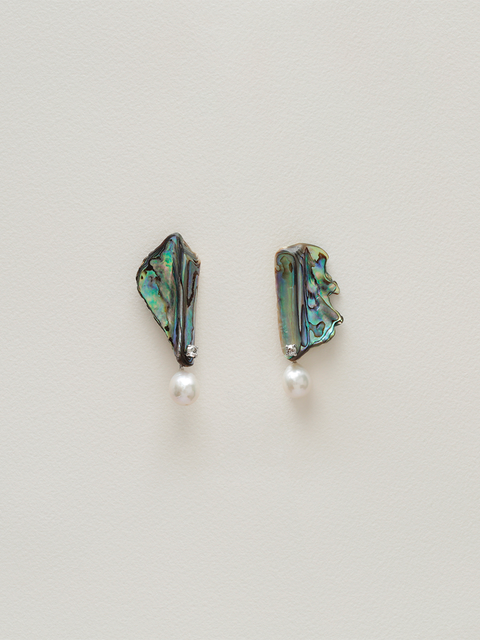 two irregular paua shell and baroque pearl drop earrings
