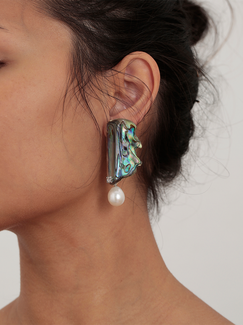 two irregular paua shell and baroque pearl drop earrings