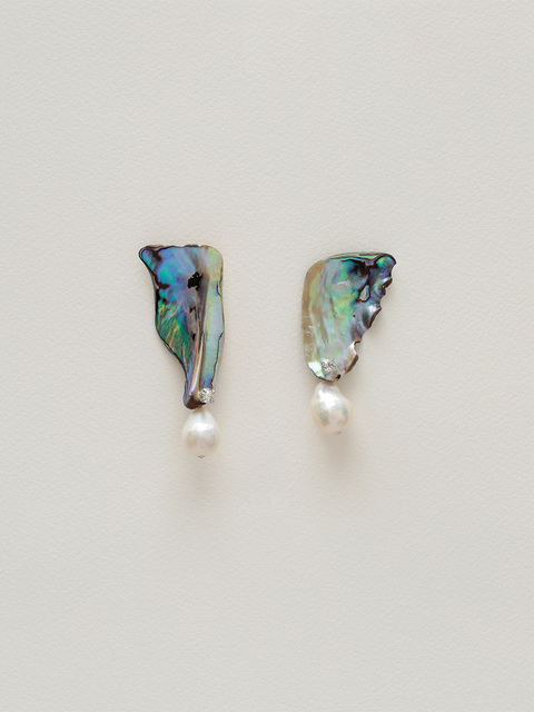 two  large irregular paua shell and baroque pearl drop earrings