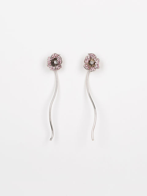 two pink crystal flowers drop earrings