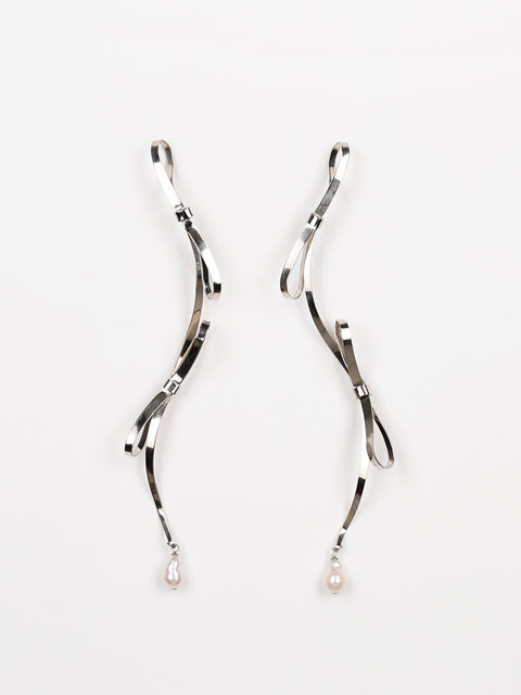 delicate bow & pearl long drop earrings