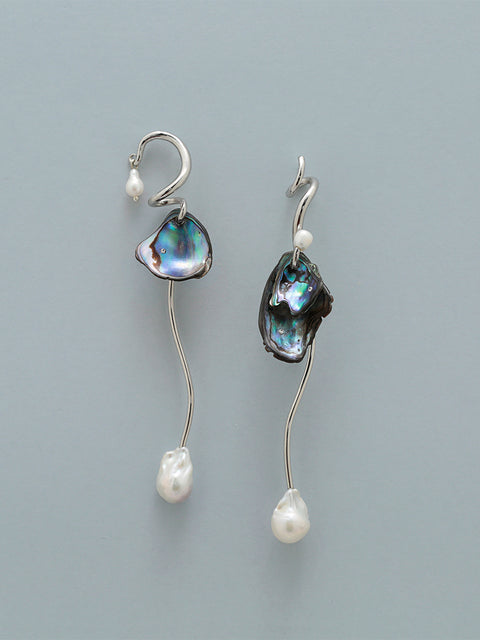 mismatched broken paua shell long drop earrings