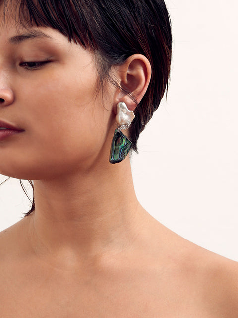 RS.PS.E.006 | MISMATCHED BROKEN PAUA SHELL AND BAROQUE PEARL DROP EARRINGS