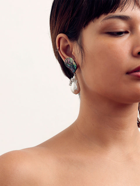 mismatched broken paua shell and baroque pearl drop earrings