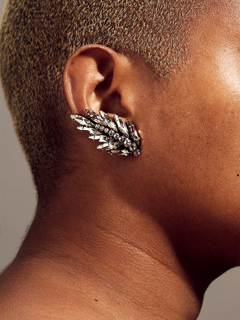 crystal palm frond clip earrings