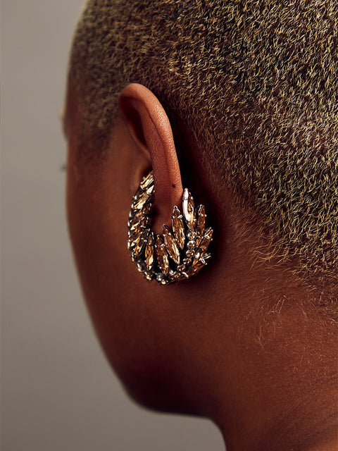 RS.TP.E.005 | DOUBLE GOLDEN CRYSTAL PALM FROND CLIP EARRING