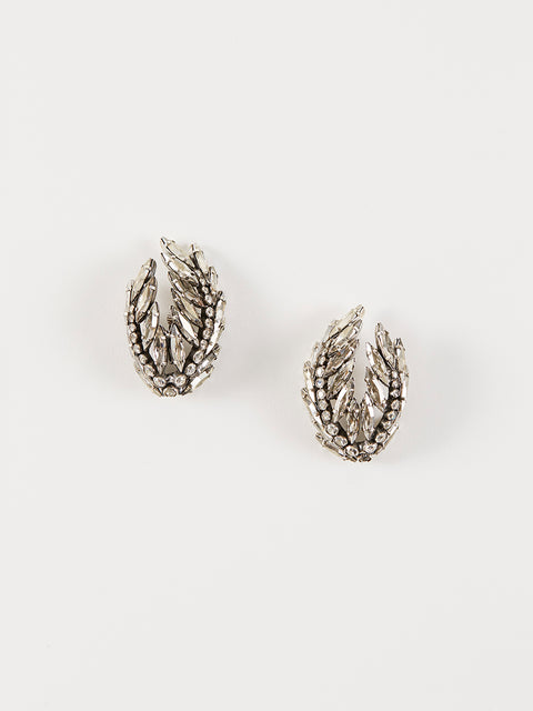 double crystal palm frond clip earrings